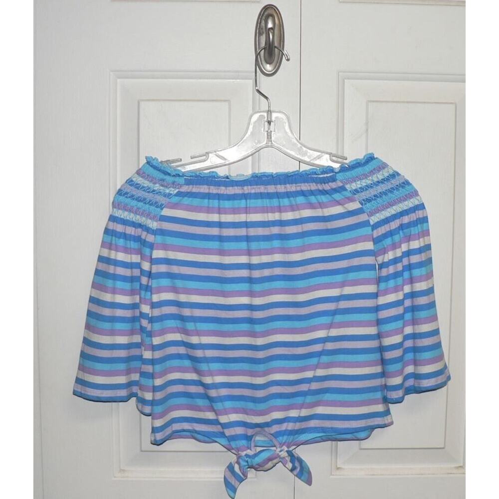 Cloud Chaser Girls Off the Shoulder Tie Front Striped Top in Sunlt Alum Medium‎